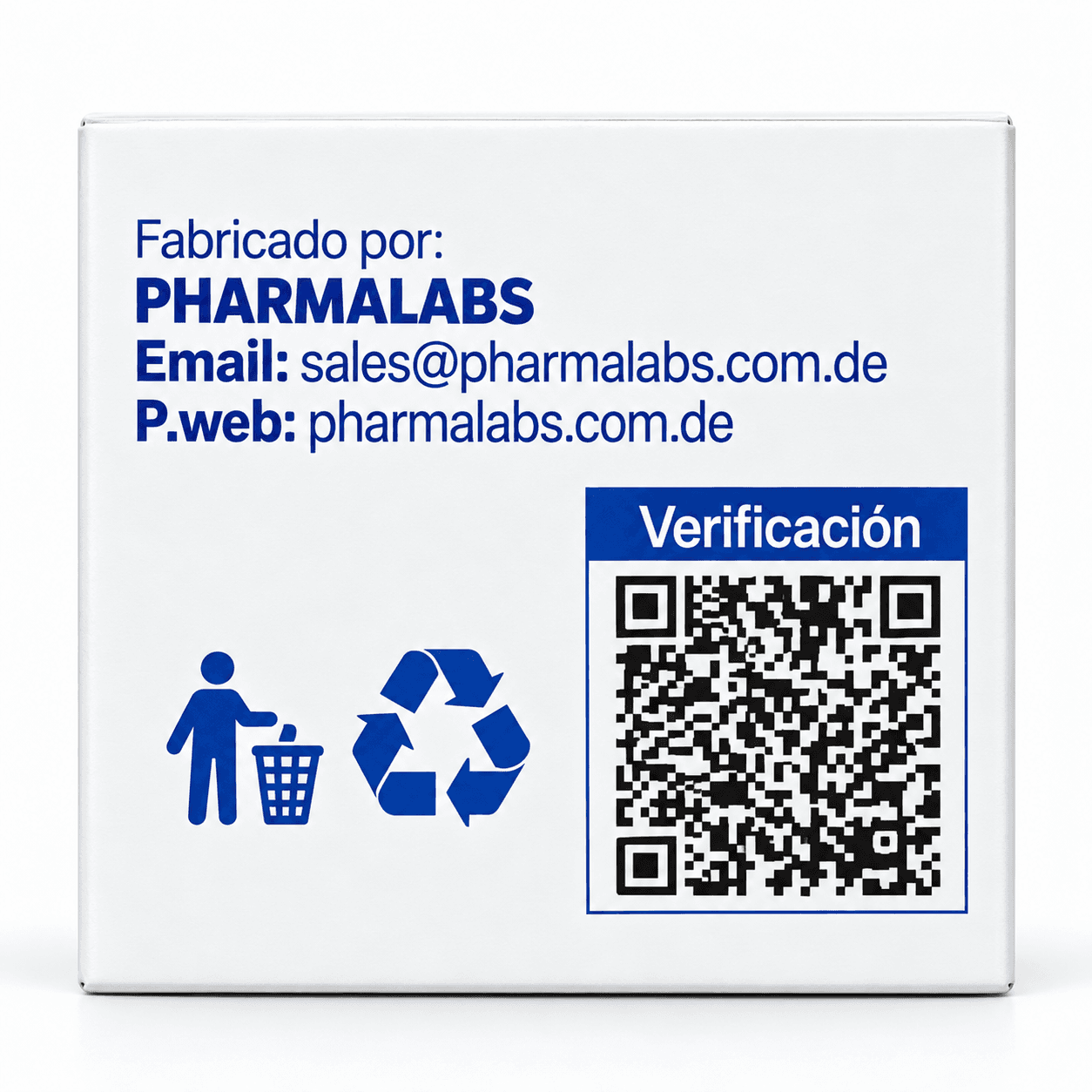Side of the R.T. 120 box: manufacturer PHARMALABS, e-mail, website and the QR code under “Verificación”